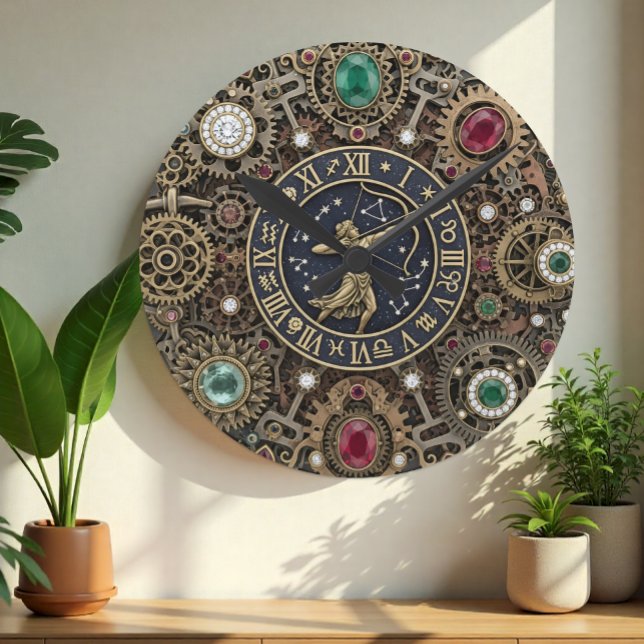 Sagittarius zodiac- tecken Clock, Steampunk, gems Rund Klocka (Sagittarius Wall Clock, Steampunk, jeweled)