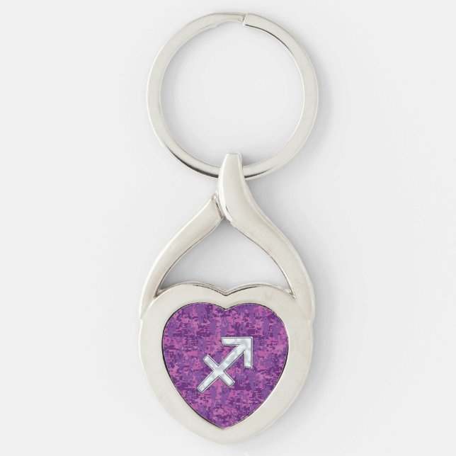 SagittariusZodiacsymbol på Fuchsia Digital Camo Twisted Heart Silverfärgad Nyckelring (Framsidan)