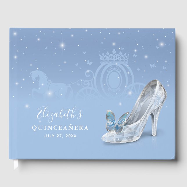 Sagobarn Baby Blå Silver Askungen Quinceañera Gästböcker (Framsida)