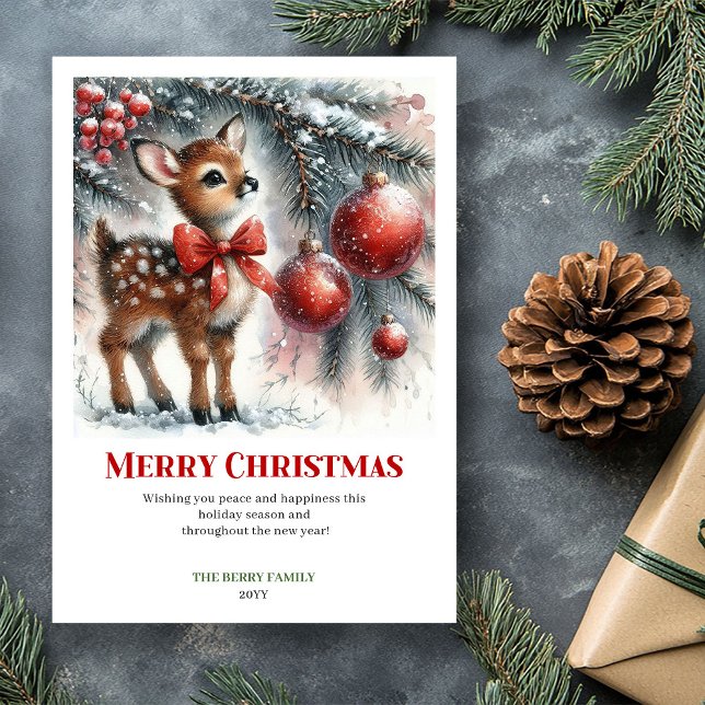 Sagobarnsvinterlandskap hälsning julkort (Fairy baby fawn snowy forest winter scene greeting card)