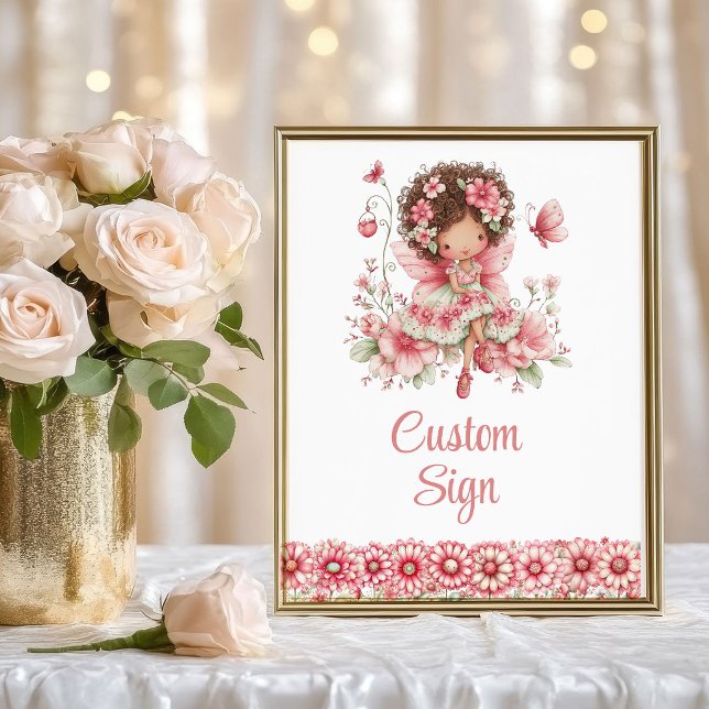 Sagoberättande Fe-tjej Rodnad Blommig Födelsedag A Poster (Fairytale Fairy Girl Blush Floral Birthday Custom Sign

)