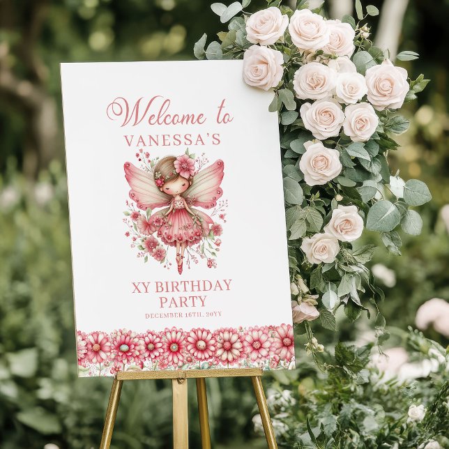 Sagoberättande Fe-tjej Rodnad Blommig Födelsedags  Poster (Fairytale Fairy Girl Blush Floral Birthday Welcome Sign

)