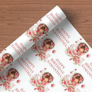 Sagoberättande Fe-tjej Rodnad Blommig Födelsedagsp Presentpapper