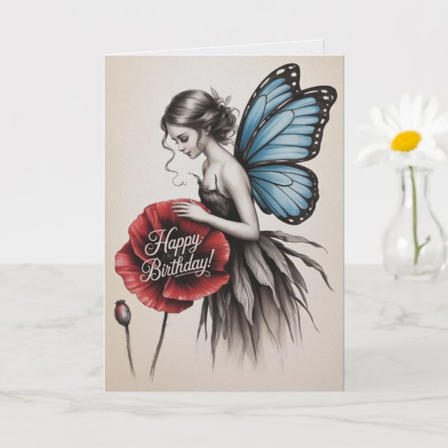 Sagobirthdagskort Röd Blomma Älv Butterfly Kort (Liten växt)