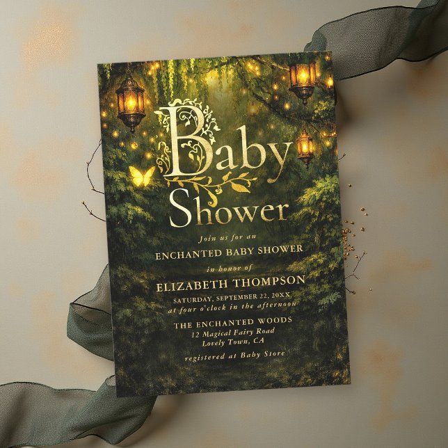 Sagobok Förtrollad Skog Målerisk Bebis Shower Inbjudningar (enchanted forest baby shower magical fairy woodland storybook golden lantern butterfly dreamy)