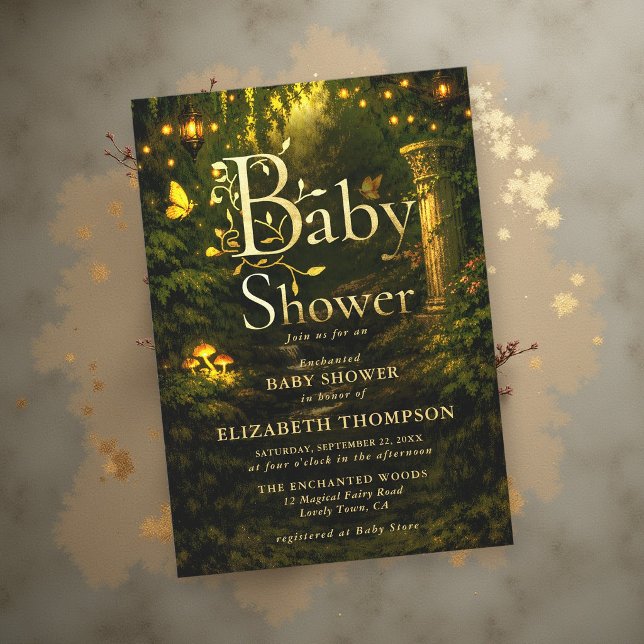 Sagobok Förtrollad Trädgårds Baby Shower Inbjudningar (enchanted garden baby shower storybook fairytale glowing mushrooms magical fairy lights lanterns)