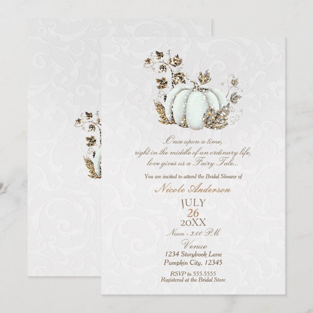 Sagobok Guld Vit Pumpa Sagobrud Bröllop Inbjudningar (Fram/baksida)