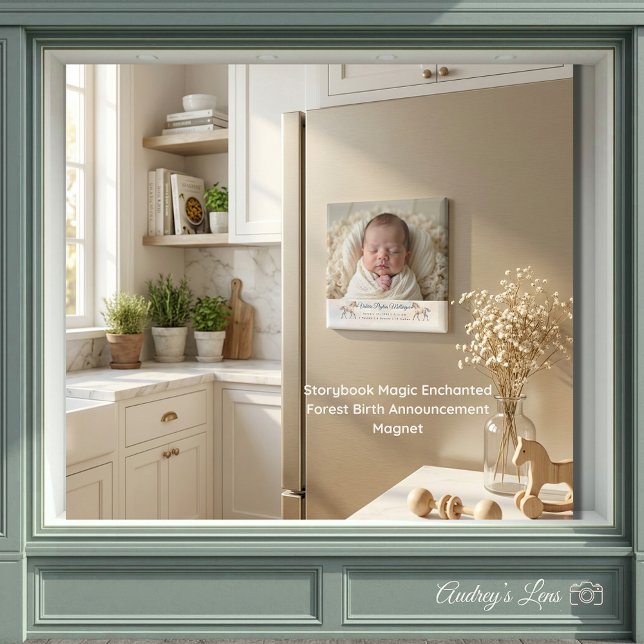 Sagobok Magi Förtrollad Skog Födelsekungörelse Magnet (Storybook Magic Enchanted Forest Birth Announcement Magnet)