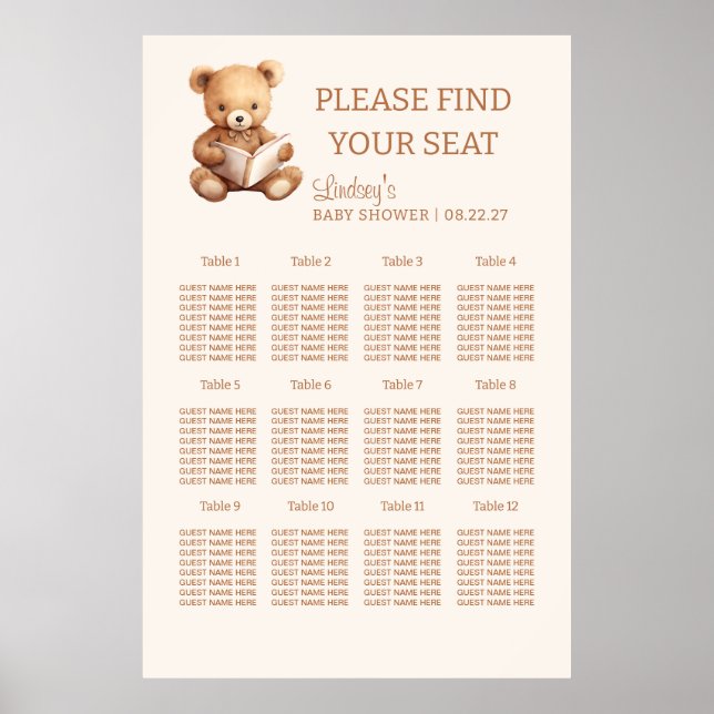 Sagobok Nalle Babyshower Sittplatskarta Poster (Framsidan)