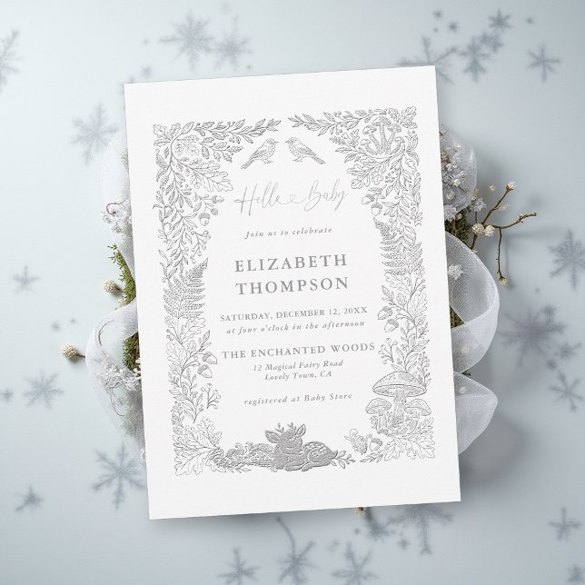 Sagobok om skogslandet vinter skog Hej Bebis firan Inbjudningar (winter baby shower invitation woodland deer birds enchanted forest mushrooms ferns fairytale story)