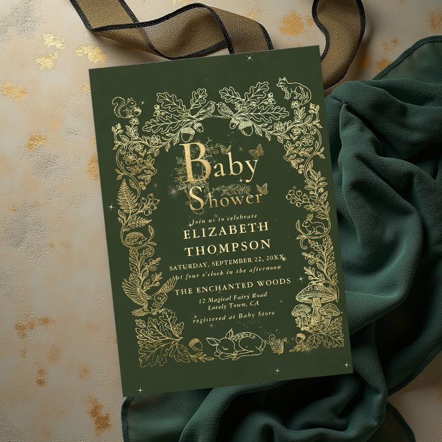 Sagobok om skogslevande djur Feberdrömmar Babykala Inbjudningar (woodland baby shower theme storybook forest mushrooms foliage enchanted faux gold fairy tale invite)