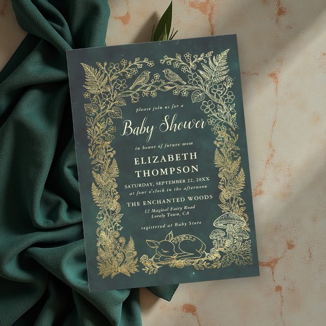 Sagobok om skogslevande djur Förtrollad babyfest Inbjudningar (woodland deer baby shower ideas forest themed mushrooms greenery faux gold invitation)