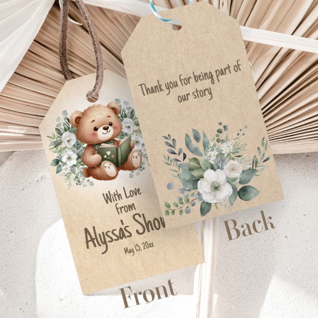 Sagobok Teddybjörn Vintage Böcker Baby Presentetikett (Storybook teddy bear baby shower gift tags)
