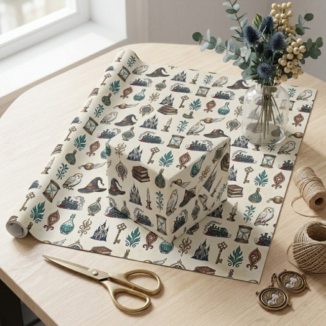 Sagobokslika slottet Vit Uggla Häxa Hatt Magisk El Presentpapper (Storybook Castle White Owl Witch Hat Magical Ivory Wrapping Paper)