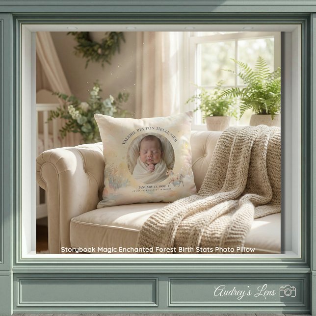Sagoboksmagi Förtrollad Födelse Statistik Foto Kud Kudde (Storybook Magic Enchanted Birth Stats Photo Pillow)