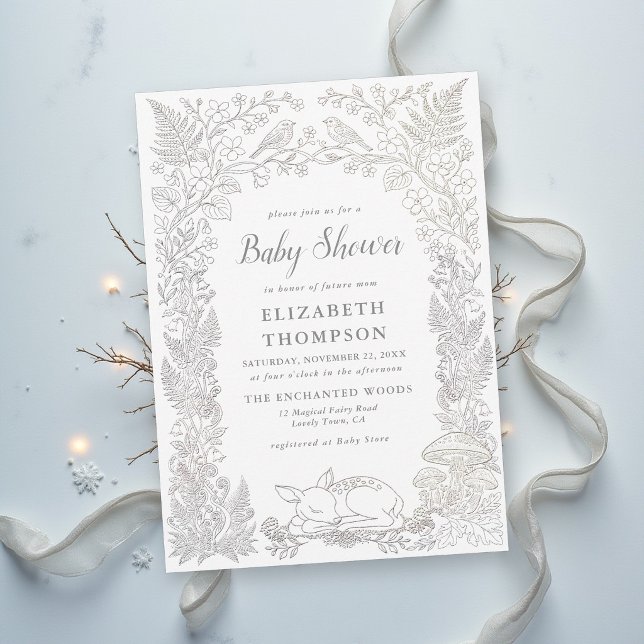 Sagoboksvinter för Skogstema - Babyfirande Inbjudningar (winter baby shower invitation woodland deer animals enchanted forest fairytale storybook magic)