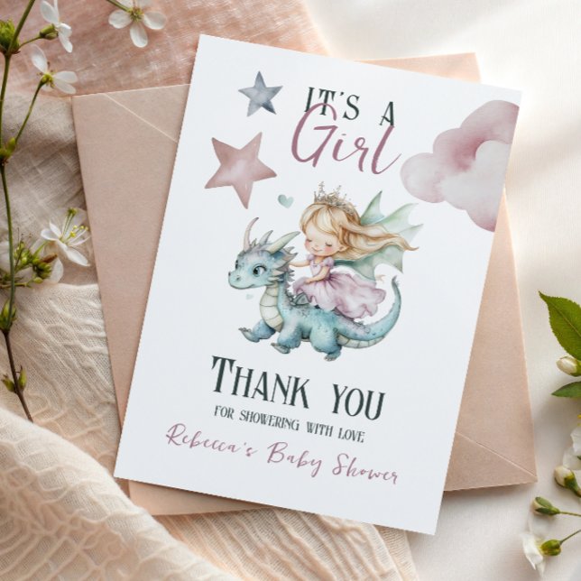 Sagodröm Dragon Rosa Prinsessa Bebis firande  Tack Kort (Skapare uppladdad)