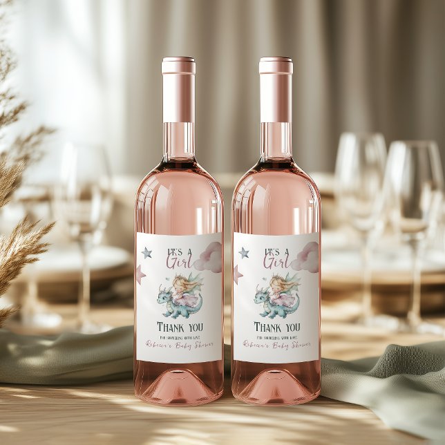Sagodröm Dragon Rosa Prinsessa Bebis firande  Vinflaska Etikett (Skapare uppladdad)