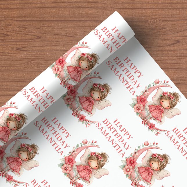 Sagoflicka 1-års födelsedag Magisk Rosa Blommig Presentpapper (Fairy Girl 1st Birthday Magical Pink Floral wrapping paper)