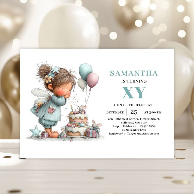 Sagoflicka 4-års födelsedag Magisk Drömlik Söt Inbjudningar (Fairy Girl 4th Birthday Magical Whimsical Cute invitation)