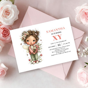 Sagoflicka 7-års födelsedag Nyckfull Rosa Blommig Inbjudningar