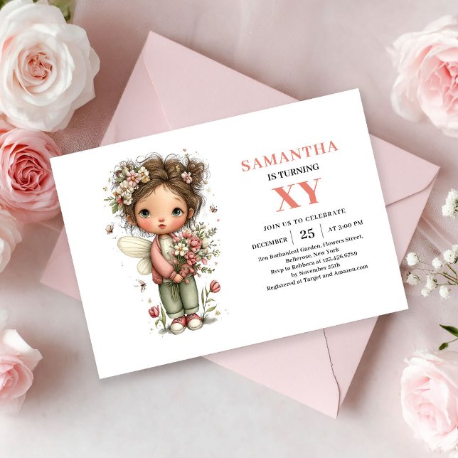 Sagoflicka 7-års födelsedag Nyckfull Rosa Blommig Inbjudningar (Fairy Girl 7th Birthday Whimsical Pink Floral invitation)