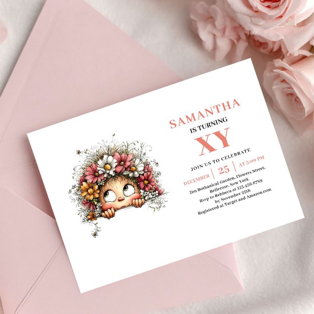 Sagoflicka 7-års födelsedags inbjudan i rosa och f (Fairy Girl 7th Birthday Whimsical Pink invitation)