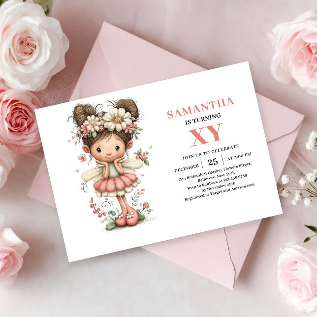 Sagoflicka 8-års födelsedag Lättantändlig rosenskä Inbjudningar (Fairy Girl 8th Birthday Whimsical Blush Floral invitation)