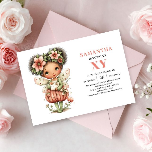 Sagoflicka Födelsedags Magisk Rodnad Blommig inbju Inbjudningar (Fairy Girl Birthday Magical Blush Floral invitation)