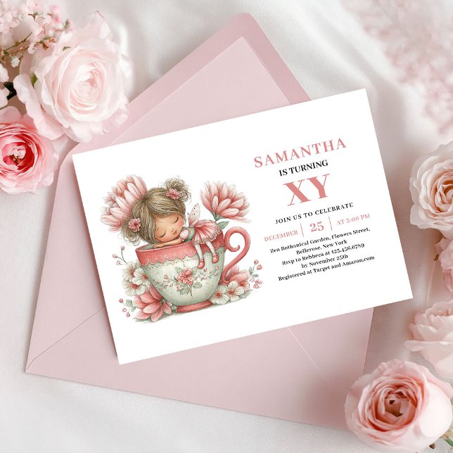 Sagoflicka Födelsedags Rodnad Blommig Rosa Tebjudn Inbjudningar (Fairy Girl 1st Birthday Blush Floral Pink Invitation)