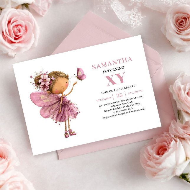 Sagoflicka födelsedags roséguld blommig inbjudan (Fairy Girl Birthday Rose Gold Floral invitation)