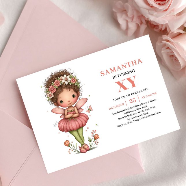 Sagoflicka Födelsedagsinbjudan Nyckfull Rosa Blomm Inbjudningar (Fairy Girl Birthday Whimsical Pink Floral invitation)