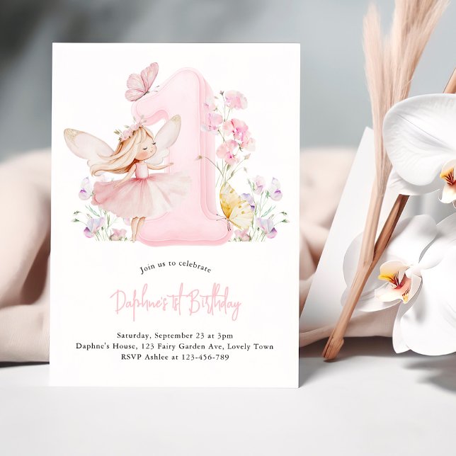 Sagoflicka Första Födelsedag Rosa Nummer 1 Flickor Inbjudningar (Fairy First Birthday Invitation with Pink Number One, Fairy, Sweet Peas and Butterflies)