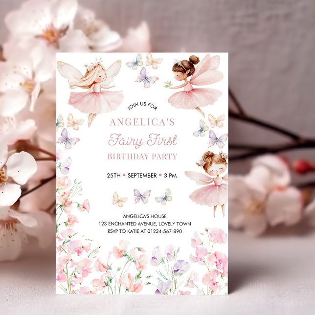 Sagoflicka Första Födelsedagsfest Inbjudningar (Fairy First Girls 1st birthday party invitation - available printed or as printable download)