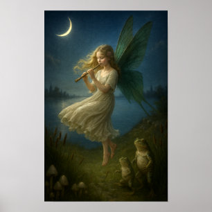 Sagoflicka som spelar flöjt för grodor i månsken poster