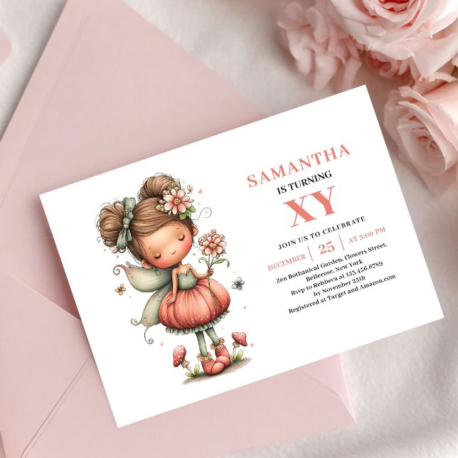 Sagoflickans födelsedag Blommig Rosa inbjudan (Wonder Fairy Girl Birthday Floral Pink invitation)