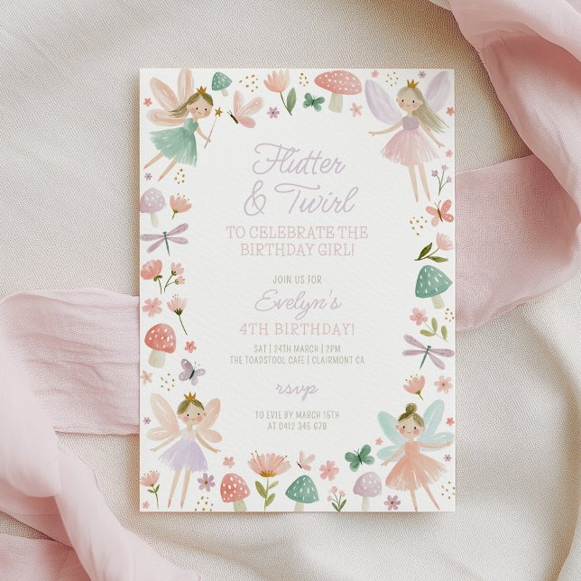 Sagofödselsparty Flutter och Twirl-flickor  Inbjudningar (Flutter & Twirl to celebrate the birthday girl! Fairy birthday invitation)