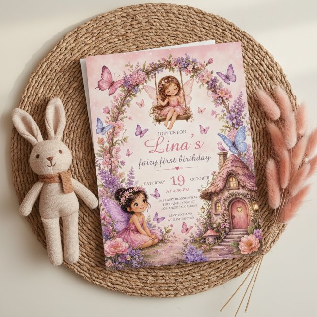 Sagoförsta födelsedagsinbjudan Rosa Skog Inbjudningar (Fairy First Birthday Pink Forest Invitation)