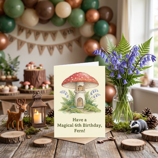 Sagokärna Mus Svamp Barnens Födelsedag Kort (Fairy House Magic Mouse Mushroom Fern Bluebell illustration Child's Birthday Card for kids)