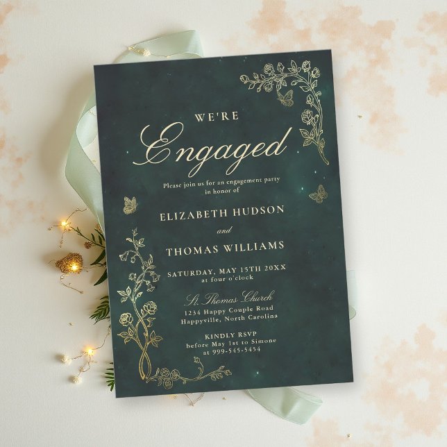 Sagokärna Skogsbröllop Smaragdgrön Förlovningsfest Inbjudningar (fairycore woodland enchanted forest emerald green faux gold wedding engagement invitation roses wild)