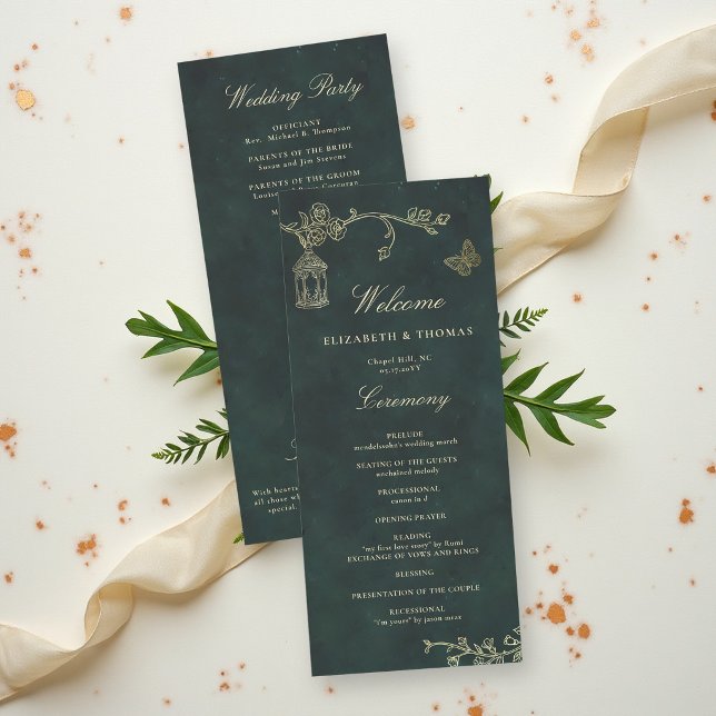 Sagokärna Skogsbröllopsprogram i Smaragdgrönt (fairycore woodland enchanted forest emerald green faux gold wedding welcome card roses wild)