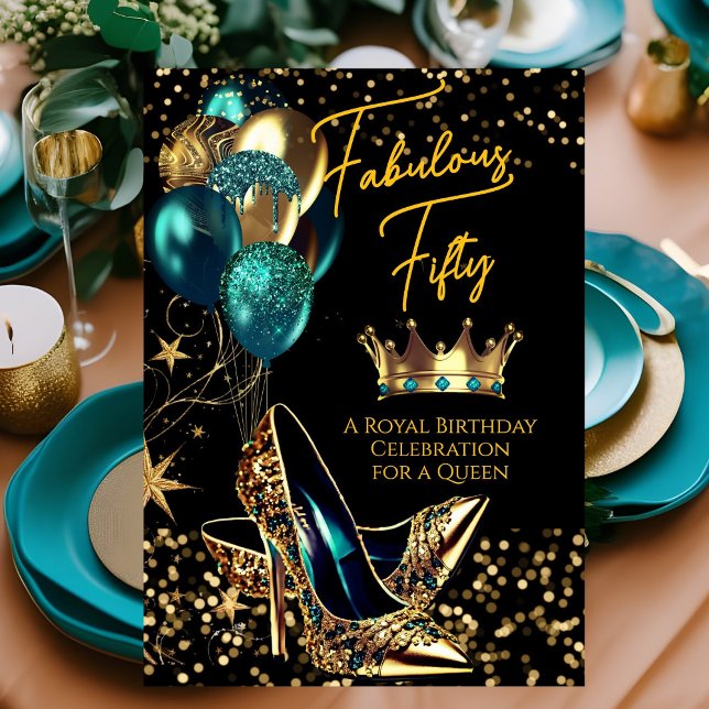 Sagolig drottning Teal Crown Guld klackar Födelsed Inbjudningar (Skapare uppladdad)