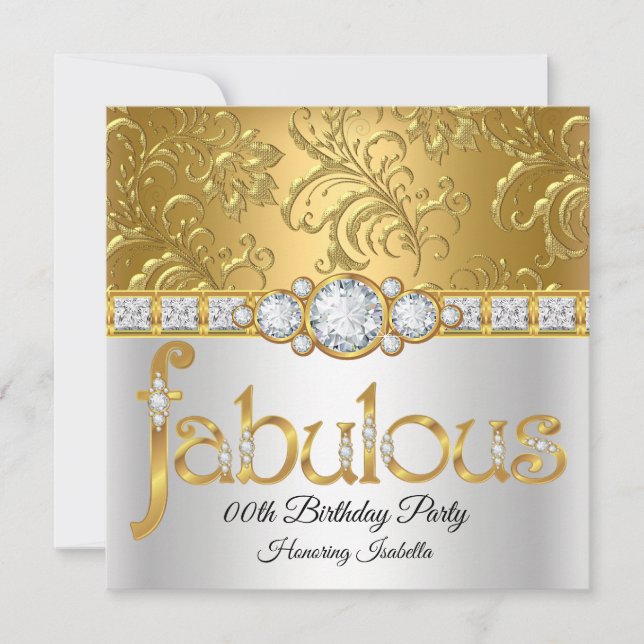 Sagoligt guld vit damask diamant födelsedagsfest inbjudningar (Framsida)