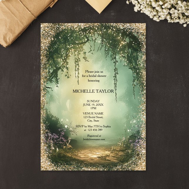 Sagolik Enchanted Forest Elegant Blommig Bröllop Inbjudningar (Fairy Tale Enchanted Forest Elegant Floral Bridal Invitation)