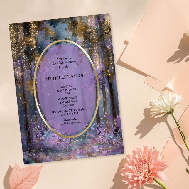 Sagolik Enchanted Skog Elegant Blommig Bröllop Inbjudningar (purple and gold enchanted forest bridal shower invitation)