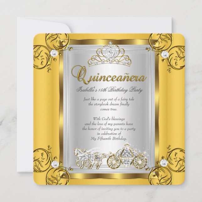 Sagolik Quinceanera 15-årsdag Gul Guld Inbjudningar (Framsida)
