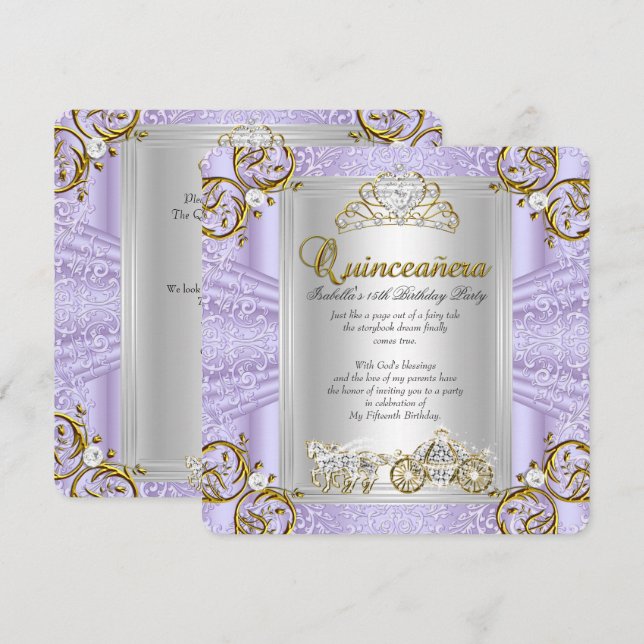 Sagolik Quinceanera 15-årsdag Lavendel Inbjudningar (Fram/baksida)
