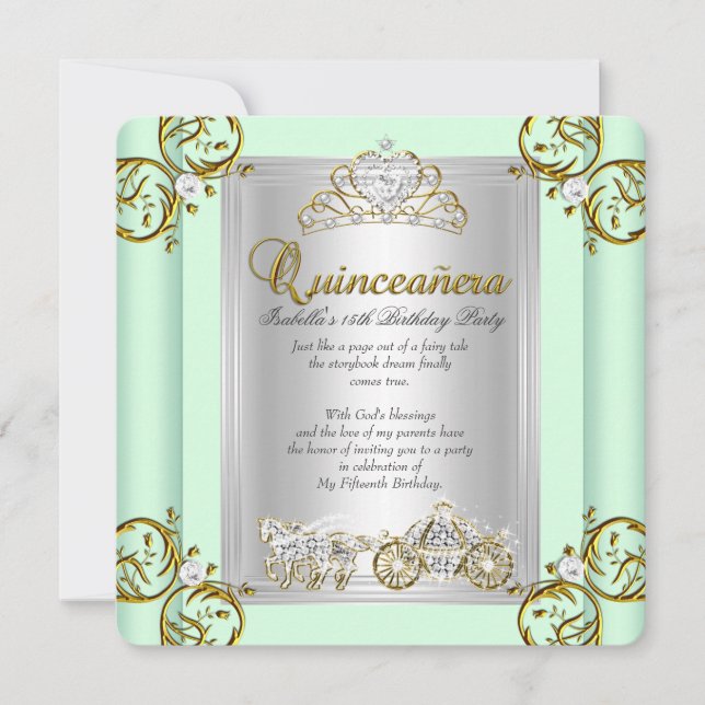 Sagolik Quinceanera 15-årsdag Mintgrön Inbjudningar (Framsida)