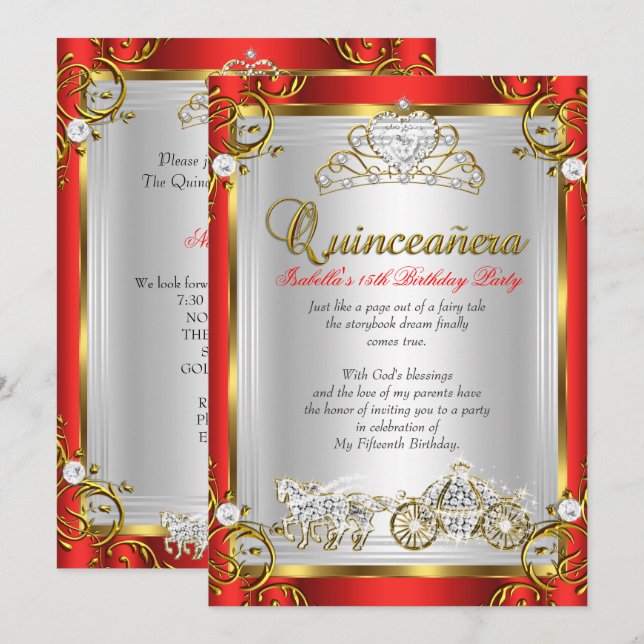 Sagolik Quinceanera 15-årsdag Röd Guld Inbjudningar (Fram/baksida)