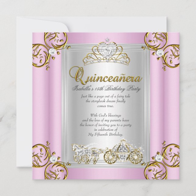Sagolik Quinceanera 15-årsdag Rosa Inbjudningar (Framsida)